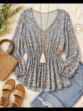 Dex Paisley Boho Peplum Blouse 1X Blue Beige